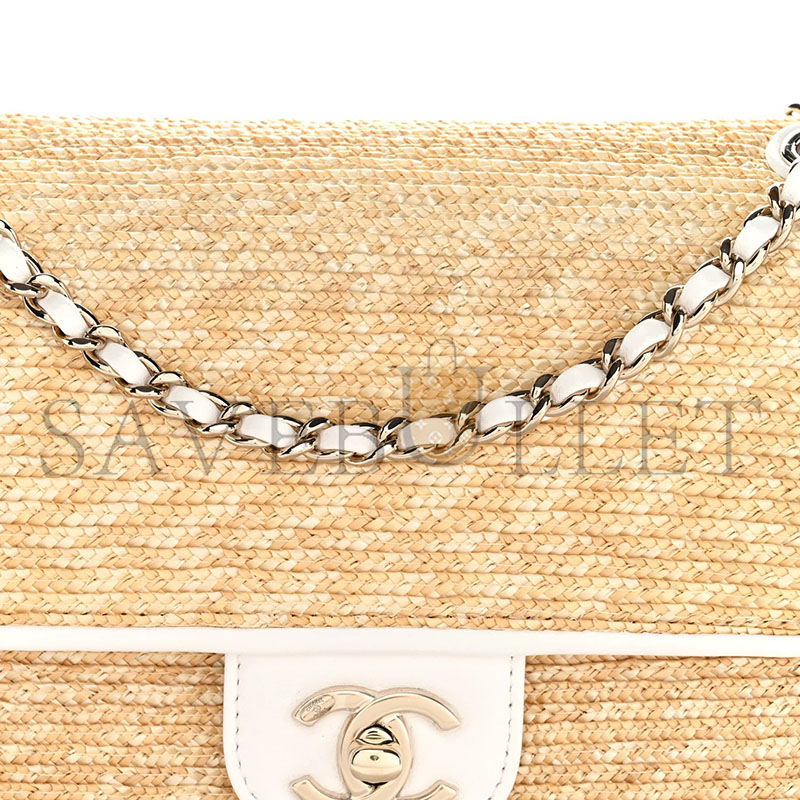 CHANEL RAFFIA LAMBSKIN SMALL FLAP BAG BEIGE WHITE AS6017 (23*16*8cm)